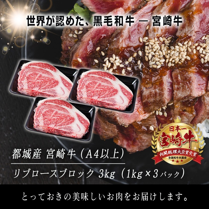 宮崎牛リブロースブロック3kg_DI-2501_(都城市) 都城産宮崎牛 リブロースブロック 1kg 3kg 霜降り肉 ローストビーフ ステーキ ビーフカレー キャンプ 鉄板焼き 国産 ブランド牛 牛肉 ギフト 贈答用