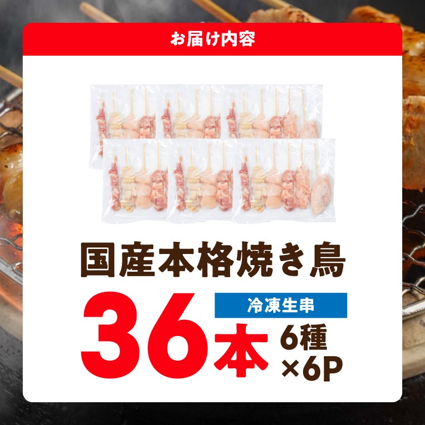 職人串打ちの本格焼き鳥36本!!_LG8-33-014-36_(都城市) 焼鳥串 生冷凍串 冷凍生肉 もも 皮 手羽 小肉 砂肝 ぼんじり ねぎま ハラミ せせり ささみ つくね ふりそで 6本入り 6P 計1.2kg BBQ 鶏肉 国産 小分け ★レビューキャンペーン対象品★