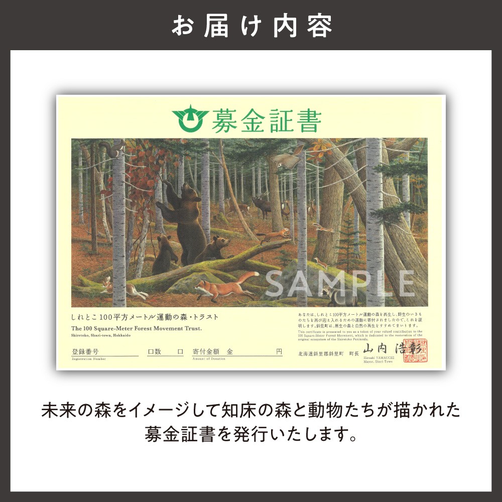 募金証書(20,000円)しれとこ100平方メートル運動の森トラスト
