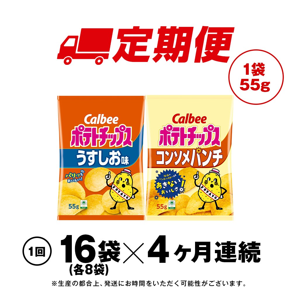 【定期便4カ月】カルビーポテトチップス 2種セット うすしお・コンソメパンチ 各8袋 《千歳工場製造》