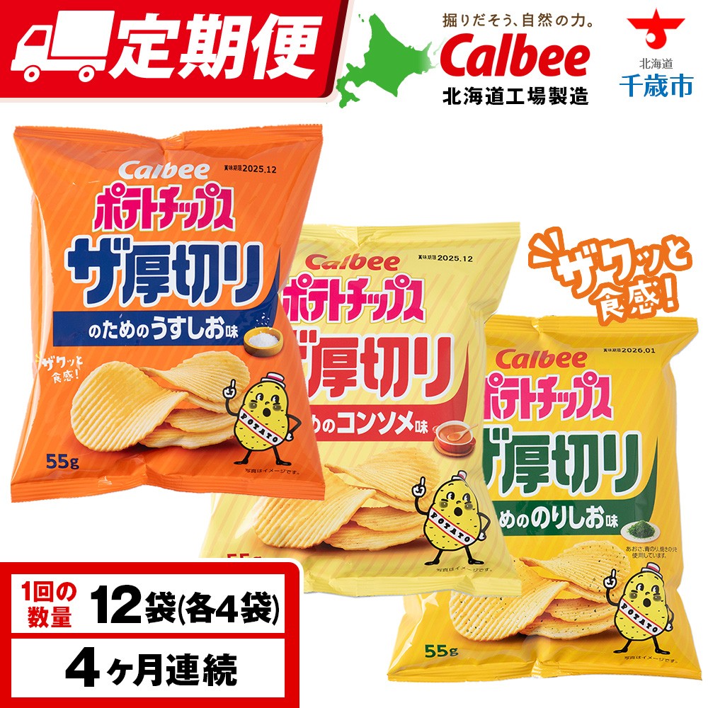 【定期便4カ月】ザ厚切りのための 3種セット うすしお・コンソメ・のりしお 各4袋 カルビー ポテトチップス 《千歳工場製造》