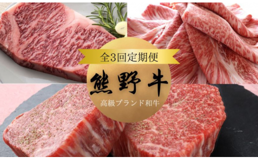 【3か月定期便】＼A4以上の高級和牛 「熊野牛」を3か月連続でお届け！／  (霜降りローススライス・霜降り赤身こま切れ・ヒレシャトーブリアンステーキ＆霜降りサーロインステーキ) / 国産 肉 牛肉 和牛 黒毛和牛 焼肉 ステーキ すき焼き しゃぶしゃぶ ロース 赤身 サーロイン シャトーブリアン 霜降り 冷凍 定期便【tkb312】