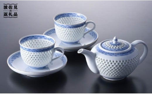 【何気ない朝を特別に 】水晶青海波 ポット＋コーヒー碗皿セット 