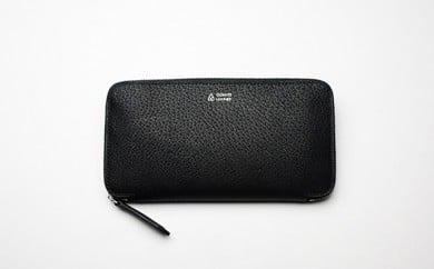 [№4631-1573]【GOMYO　LERTHER】猪革　手縫いﾗｳﾝﾄﾞﾌｧｽﾅｰ財布（黒）