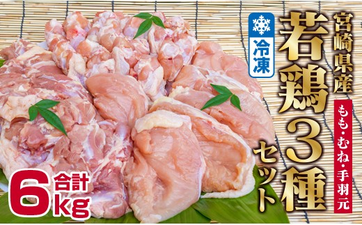 「宮崎県産若鶏3種」モモ・ムネ・手羽元6kgセット【B380】