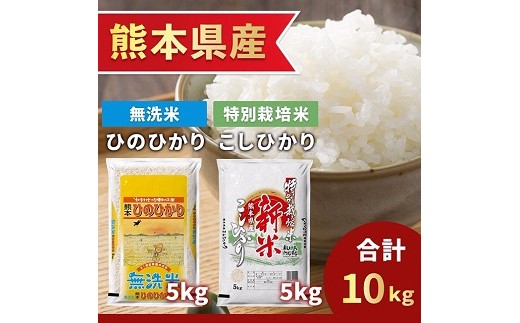 熊本県産の無洗米ひのひかりと特別栽培米のこしひかりをセットにしてお届けいたします。