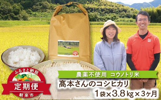 D-46 定期便 高本さんちのコウノトリ育む農法(農薬不使用)のお米 3.8kg×１袋×３か月