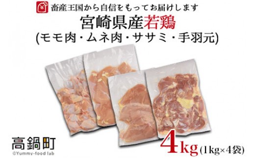 [宮崎県産若鶏モモ1kg・ムネ1kg・ササミ1kg・手羽元1kg]翌月末迄に順次出荷