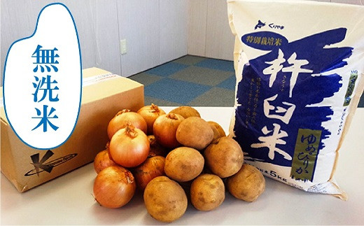 【無洗米4ヶ月定期便】特別栽培「きなうす米」ゆめぴりか5kg×4回じゃがいも・玉ねぎセット　J011