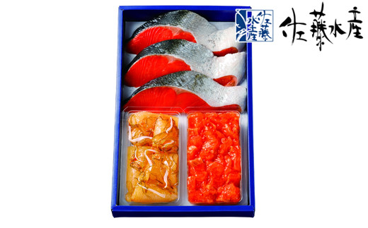 12月：甘塩紅鮭　3枚、　鮭ルイベ漬　130ｇ、ひとくち数の子松前　120ｇ