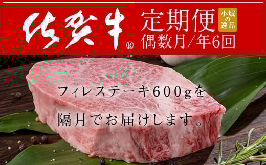 【定期便】 佐賀牛ヒレステーキ（600g×6回）(年6回/隔月偶数月) 