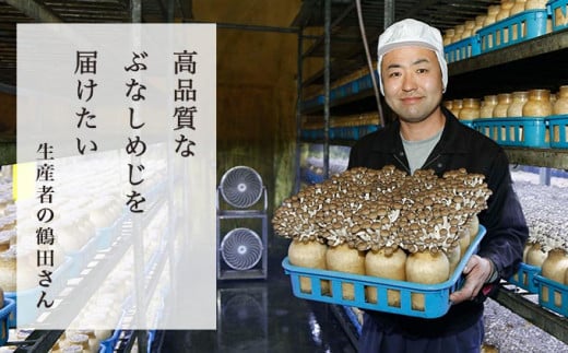 鶴田さんは、平成元年よりぶなしめじを栽培しているプロフェッショナルです。高品質なぶなしめじが出来るよう日々努力しています。