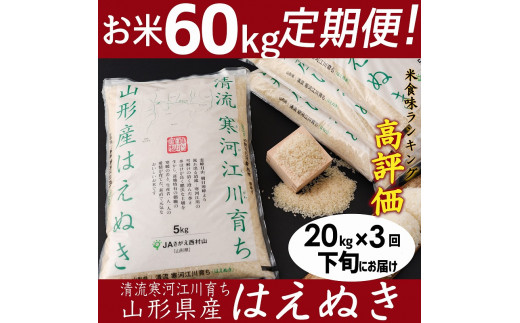 計60kg お米定期便 kg 3回 清流寒河江川育ち 山形産はえぬき 21年3月 5月 7月配送 下旬コース 年産 054 C02 山形県寒河江市 ふるさと納税 ふるさとチョイス