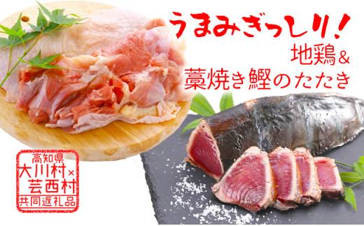 [大川村と芸西村の共通返礼品]はちきん地鶏モモ肉 1kg&仙頭の藁焼きカツオたたき片身