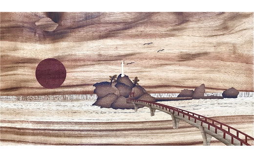 糸魚川市能生地域のシンボルの「弁天岩」を表現した木象嵌絵画