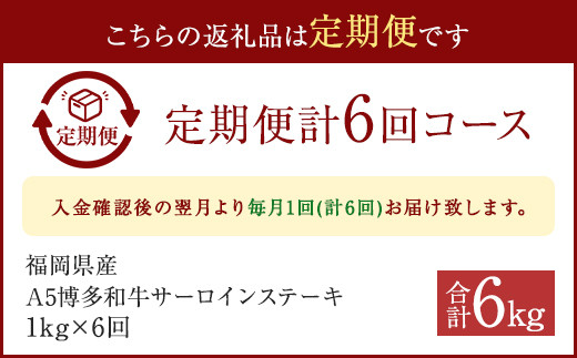 【6ヶ月定期便】福岡県産 A5博多和牛 サーロインステーキ 200g×5枚
