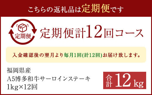 【12ヶ月定期便】福岡県産 A5博多和牛 サーロインステーキ 200g×5枚