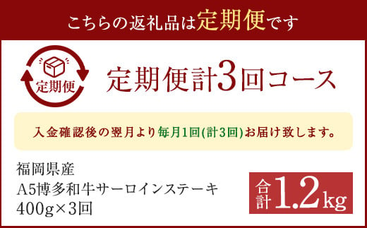 【3ヶ月定期便】福岡県産 A5 博多和牛 サーロインステーキ 200g×2