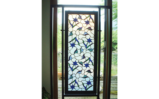 ステンドグラス 衝立「蒼い花」 金属枠に木製額 ガラス インテリア