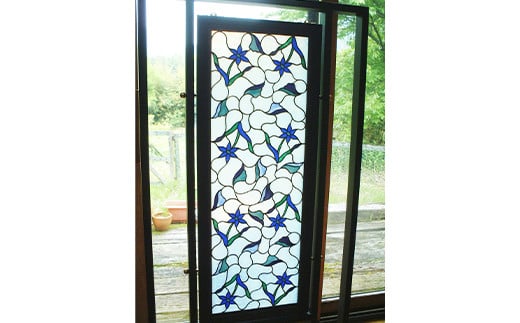 ステンドグラス 衝立「蒼い花」 金属枠に木製額 ガラス インテリア
