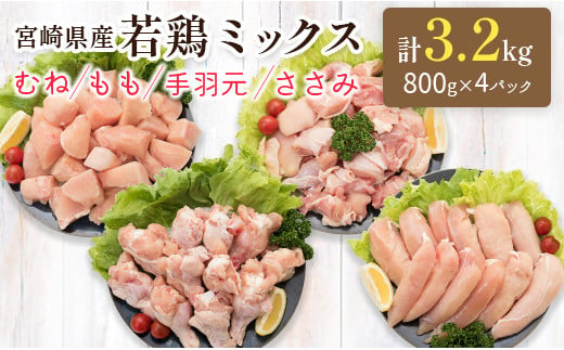 宮崎県産若鶏お楽しみセット 合計3.2kg（むね・もも・手羽元・ささみ 各800g）【A227】