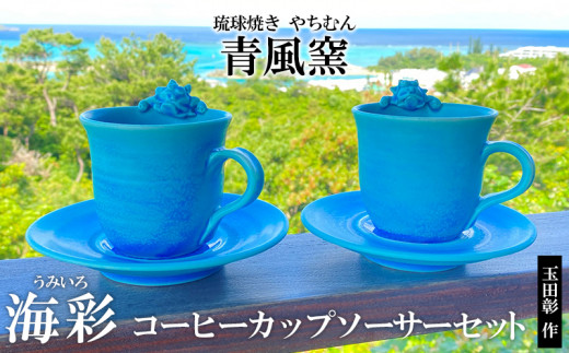 琉球焼き やちむん 陶器 青風窯 玉田 彰作 海彩 うみいろ シーサーコーヒーカップソーサーセット 沖縄県恩納村 ふるさと納税 ふるさとチョイス