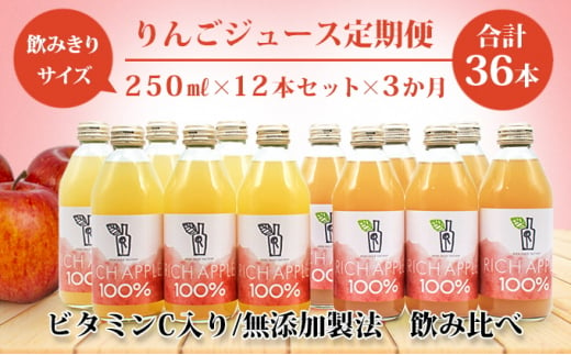 【りんごジュース定期便】RICH APPLE 飲み比べ 12本セット×3か月（250ml×12本×3回） 684699 - 青森県弘前市