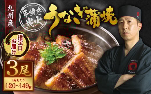 【丑の日配達指定】九州産 手焼き 炭火 うなぎ 蒲焼 3尾 計360g以上(1尾あたり120~149g)