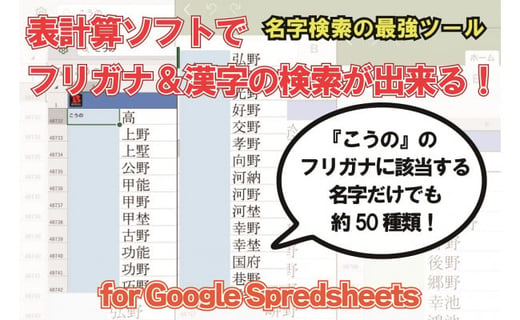 表計算ソフトでフリガナ 漢字から強力検索 名苗名 名字電子辞書 For Google Spredsheets 高知県高知市 ふるさと納税 ふるさとチョイス