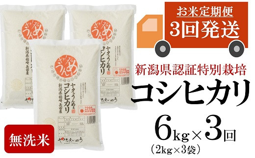 【定期便】ヤタらうんめぇ コシヒカリ 無洗米（6㎏×3回）