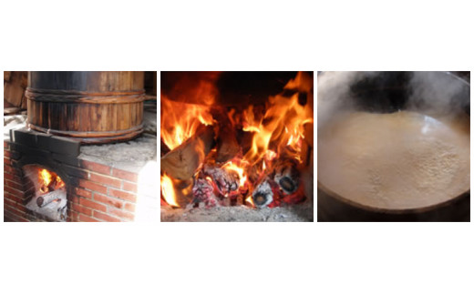 大釜で薪を焚いて火入れ。創業当時から変わらぬ醸造法で作る醤油です。