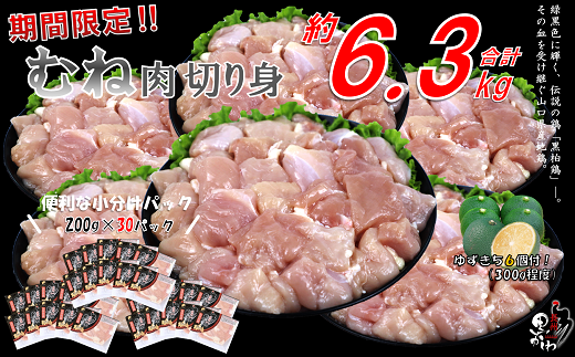 (1339)【流通割合1%未満！希少地鶏】合計約6.3kg　黒かしわ　鶏肉　むね肉　精肉　200g×30パック（長門ゆずきち付）