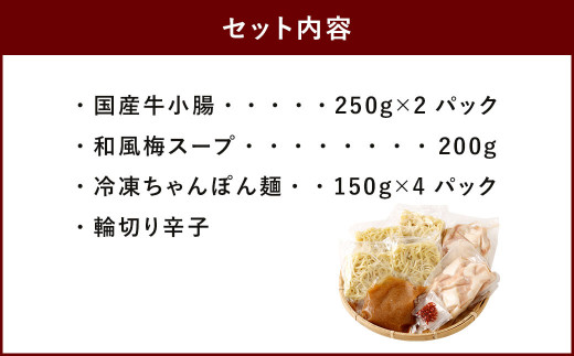 九州産 もつ鍋 梅～スープ（合計1.3kg／3～4人前） 国産牛 小腸 ちゃんぽん麺