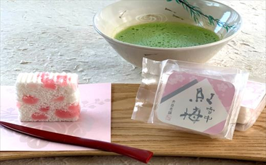 寒梅粉で梅肉餡を配したさわやかな味。
雪中に咲く紅梅の風情をお楽しみいただける茶席向きの和菓子です。