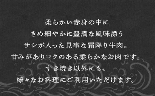 柔らかい赤身の中にきめ細やかに豊潤な風味漂うサシが入った見事な霜降り牛肉。
甘みがありコクのある柔らかなお肉です。