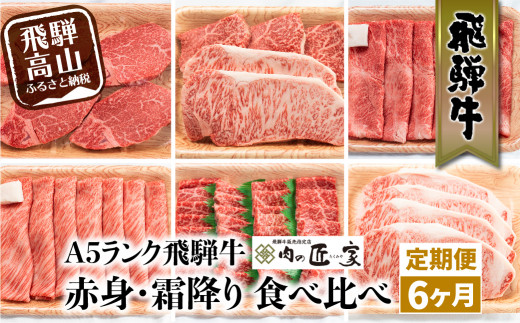 飛騨牛　赤身・霜降り　食べ比べ　定期便 6か月 ステーキ　焼き肉　すき焼き　肉の匠家 TR3347