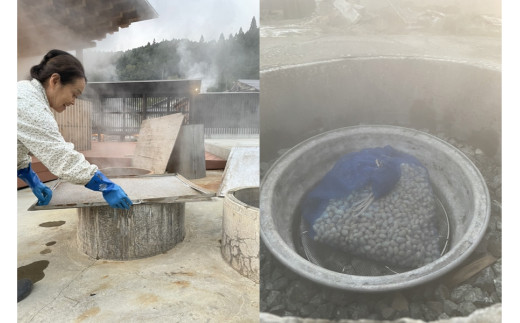 小国郷わいた温泉で蒸した国産大豆で味噌づくり