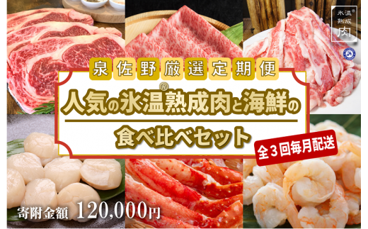 099Z039 人気の氷温(R)熟成肉と海鮮の食べ比べ定期便 全3回 お楽しみ【毎月配送コース】