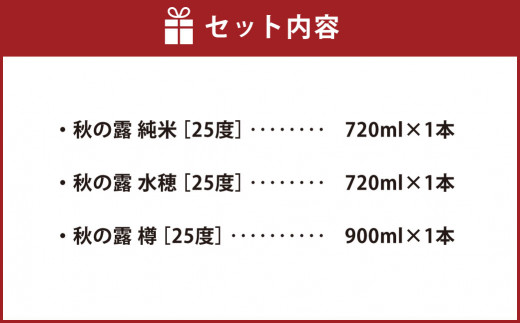 球磨焼酎「秋の露」三酒(純米 水穂 樽) 飲み比べ セット 計2.34L 米焼酎