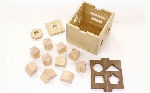 丸や三角、台形、ひし形など9種類にくりぬかれたボックスにそれぞれの型を上手にはめて遊ぶおもちゃ。