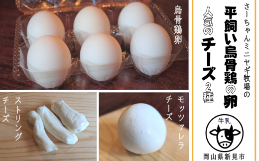 【限定：11月～3月発送・牛乳使用】平飼い烏骨鶏の卵6個 モッツァレラチーズ100g×2 ストリングチーズ50g×2