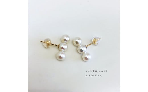 志摩産アコヤ真珠 5-6ミリ 3粒ラインピアス （K18YG） / あこや真珠
