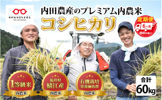 ６ヶ月連続お届け】令和5年産 内農米コシヒカリ定期便 10kg × 6回 計