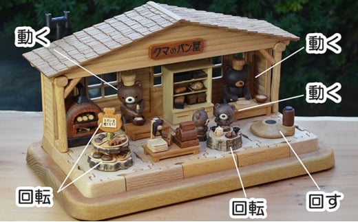 動くクマのパン屋（8ユニット構成）　熊（くま）の木製おもちゃ　木製玩具　パン屋　自動人形　かわいい　楽しい　ドールハウス　木のトレー　歯車　不思議な木製歯車　精密木工　オートマタ　精巧　組立て