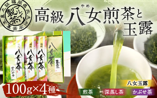 【2022年摘み】福岡県産 八女茶 100gx3本 八女玉露 100g×1本 計400g セット 煎茶 深蒸し茶 かぶせ茶 飲み比べ 283293 - 福岡県北九州市