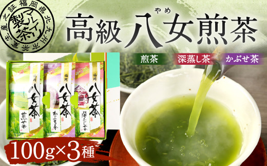 【2022年摘み】福岡県産 八女茶 セット 100gx3本 計300g 煎茶 深蒸し茶 かぶせ茶 飲み比べ