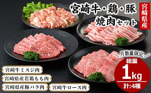 MI115 ＜宮崎県産＞宮崎牛・鶏肉・豚肉焼肉セット！(計1kg・若鶏もも肉