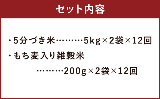 【定期便12ヵ月】熊本県菊池産 ヒノヒカリ 5分づき米 5kg×2袋 もち麦入り雑穀米 200g×2袋 計124.8kg