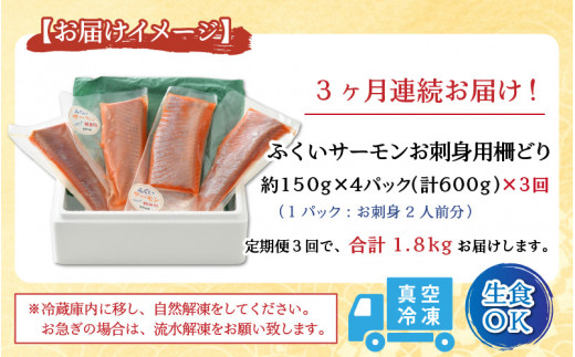 【先行予約】《定期便3回》ふくいサーモン 柵どり 150g×4パック 計600g ＜鮮度抜群！真空冷凍＞ ／ 生食OK 刺身 鮭 国産  ※2024年8月中旬以降順次発送|株式会社　真洋水産