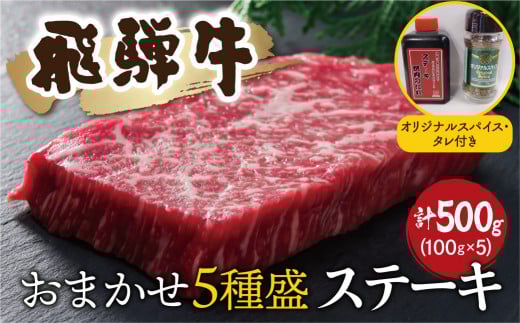 飛騨牛おまかせステーキ5種類盛 各100g(計500g) スパイス・タレ付き 部位お任せ 牛肉 和牛 ステーキ 食べ比べ 贈り物 ギフト 飛騨市 2126630 - 岐阜県飛騨市